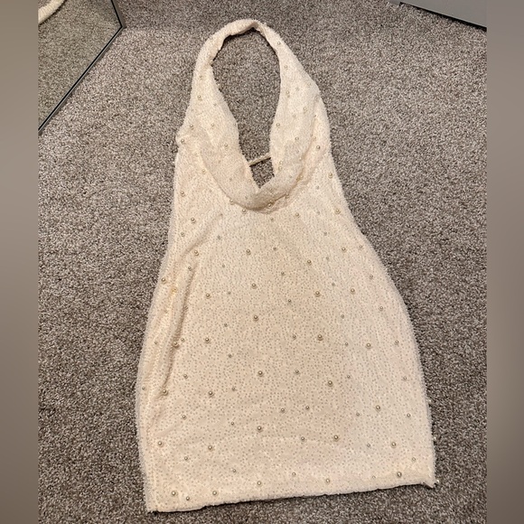 Oh Polly Dresses & Skirts - Elegant Cream Halter Dress with Beaded Details